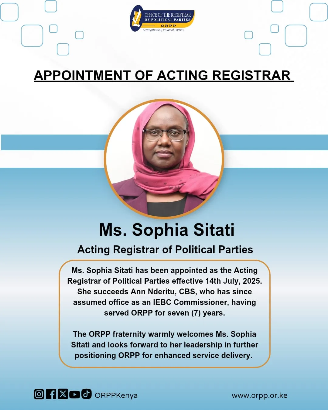 Ms. Sophia Sitati Named Acting Registrar of Political Parties